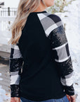 Kayla Sequin Plaid Patchwork Raglan Sleeve Top