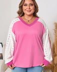 Plus Size Lace Patchwork Long Sleeve V-Neck Top