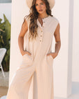 Textured Buttoned Wide Leg Sleeveless Jumpsuit