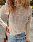 Sheer Plaid Mesh Lettuce Trim Long Sleeve Top