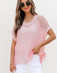 Lettie Hollow-out Crochet Side Tied Short Sleeve Sweater