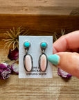 Kingman Turquoise & Pink Conch Dangle Earrings – Sterling Silver – Native Made by Marcella James