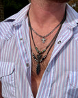 Men black chain with feather and real turquoise