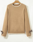 Leopard Bow Split Cuff Contrast Trim Sweater