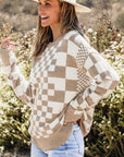 Checker Round Neck Drop Shoulder Sweater
