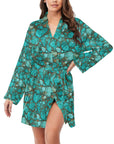 All Turquoise Women's Long Sleeve Belted Satin Feel Dressing Lounge Robe