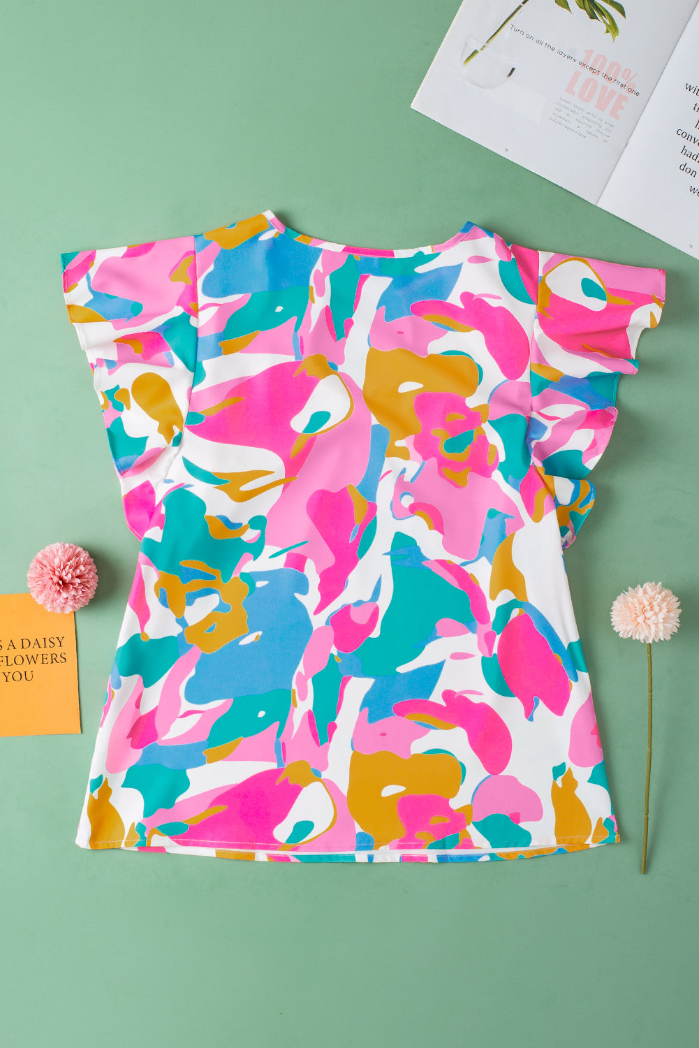 Noemi Notched Neck Flutter Sleeve Blouse