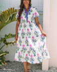 Julietta Floral Puff Short Sleeve V Neck High Waist Maxi Dress
