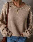 Solid Pearl Drop Shoulder Round Neck Sweater