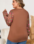 Plus Size Floral Patchwork Sleeve Crewneck Top
