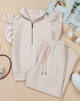 Kallie Ruffled Sleeve Zipped Top and Wide Leg Pants Set
