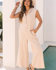 Textured Buttoned Wide Leg Sleeveless Jumpsuit