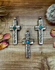 Antler Cross Pendant With Turquoise On Silver Brass