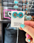 Blue Magnesite Turquoise & Red Cluster Stud Earrings