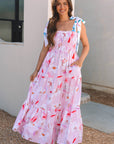 Flora Floral Knotted Shoulder Smocked Maxi Dress