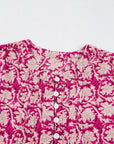 Pink Floral Print Split Neck Pleated Puff Sleeve Blouse