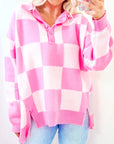 Pink Checkered Button Collared Sweater