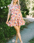 August Floral Print Split Neck Flutter Sleeve Dress