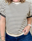 Plus Size Stripe Scallop Trim Short Sleeve Top