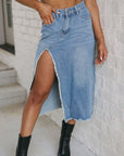 Cheyenne Frayed Slit Asymmetric Denim Midi Skirt