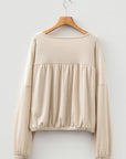 Solid Ribbed Knit Pleated Long Sleeve Top