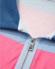Blue Stripe Colorblock Patchwork Zip up Plus Size Pullover