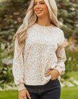 Leopard Ruffle Ribbed Trim Round Neck Sweatshirt