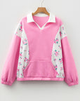 Floral Colorblock Patchwork Puff Sleeve Collared Top