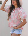 Cattleya Floral Drawstring V Neck Puff Sleeve Loose Blouse