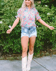 Azaria Floral Print Button Split Neck Puff Sleeve Blouse