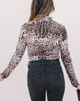 Leopard Smocked Neck Mesh Long Sleeve Bodysuit