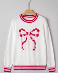 Christmas Stripe Trim Bow Crewneck Sweater