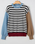 Stripe Colorblock Sleeve Ribbed Trim Sweater
