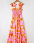 Elyse Boho Gingham Tied Straps Smocked Maxi Dress