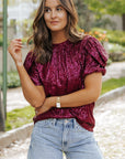 Lenora Glittering Sequin Short Bubble Sleeve Blouse