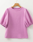 Solid Textured Round Neck Puff Sleeve Blouse