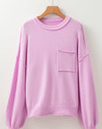 Solid Ribbed Raw Edge Drop Shoulder Sweater