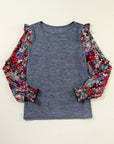 Floral Patchwork Ruffle Tiered Sleeve Crewneck Blouse