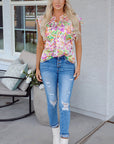 Savanna Ruffled Short Sleeve Notched Neck Blouse