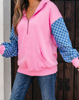 Checker Patchwork Kangaroo Pocket Half-Zip Hoodie