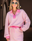 Stripe Collared V-Neck Pullover and Skort Set