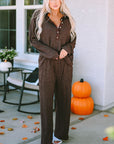 Brooke Ribbed Knit Collared Henley Top and Pants Lounge Outfit
