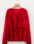 Plus Size Velvet Tie Front Peplum Blouse