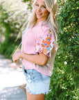Araceli Floral Embroidered Puff Sleeve Split Neck Blouse