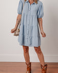 Arya Shirt Collar Button Up Puff Sleeve Tiered Dress