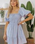 Monica Stripe Bubble Sleeve Ruched Pocketed Babydoll Dress