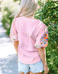 Araceli Floral Embroidered Puff Sleeve Split Neck Blouse