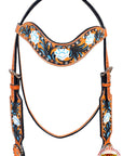 Hilason Western Horse Headstall Bridle American Leather Tan Floral Black Inlay
