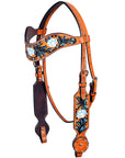 Hilason Western Horse Headstall Bridle American Leather Tan Floral Black Inlay