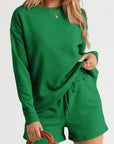 Textured Long Sleeve Top and Drawstring Shorts Set